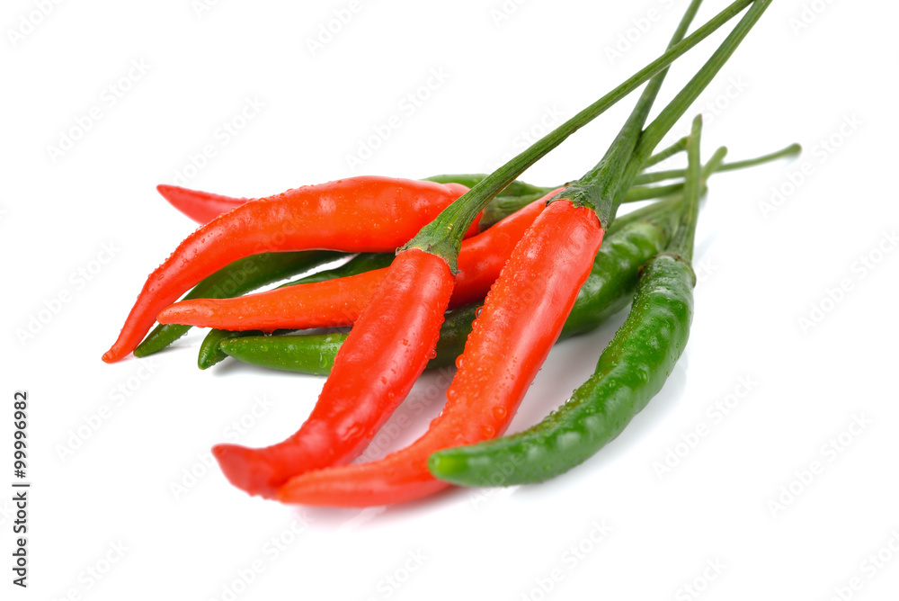 red and green chili with stem on white background red and green chili with stem on white background