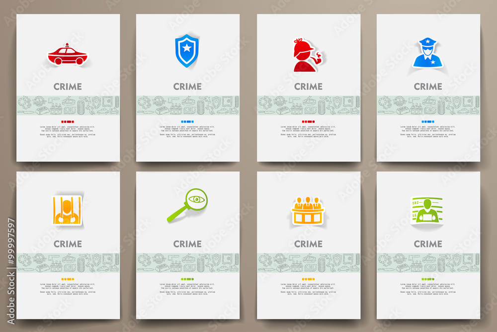 Corporate identity vector templates set with doodles crime theme