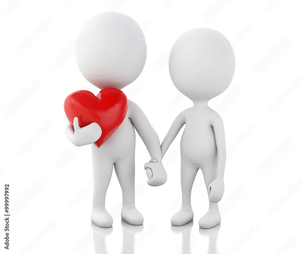 3d White people and red heart. Couple in love. 3d White people and red heart. Couple in love.