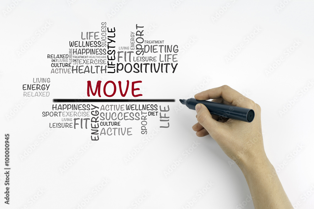 Hand with marker writing Move word cloud, fitness, sport, health Hand with marker writing Move word cloud, fitness, sport, health