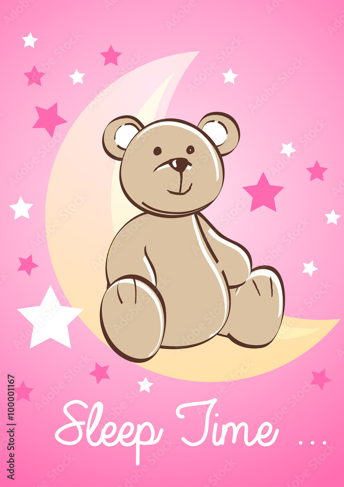 Teddy bear sitting on a moon with stars