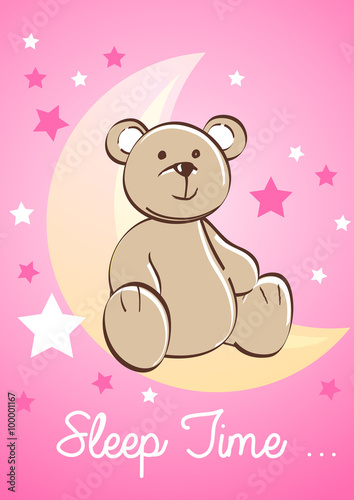 Teddy bear sitting on a moon with stars