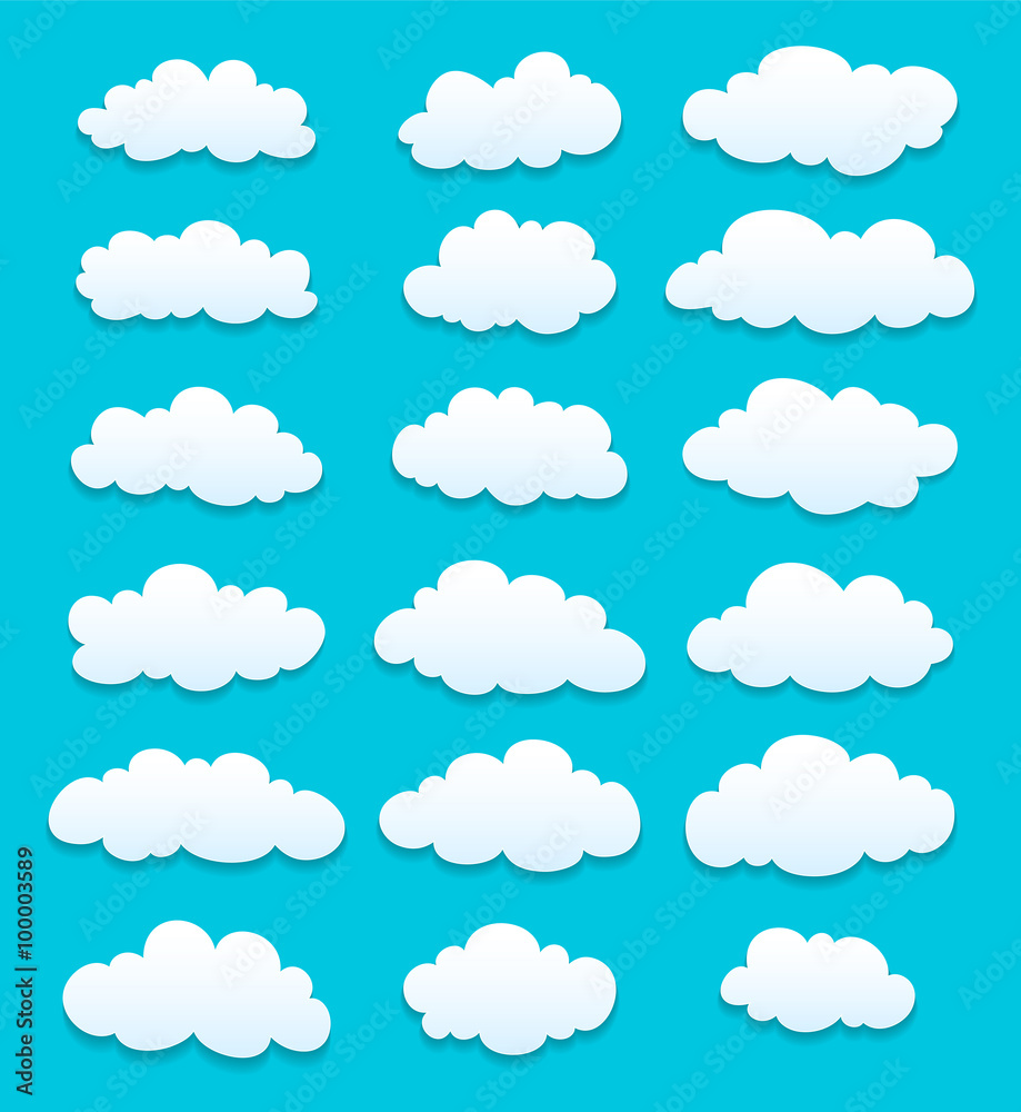 set of cute cartoon white clouds with shadows. vector set of cute cartoon white clouds with shadows. vector