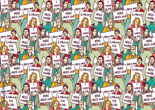 Big group unemployment business people color seamless pattern. 