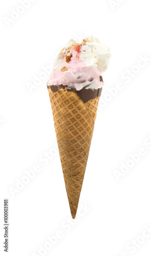 Bitten strawberry ice cream cone isolated on white background