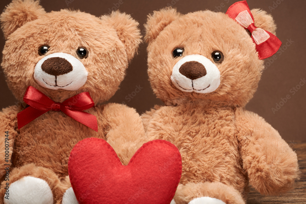 Valentines Day. Love red heart.Couple Teddy Bears 