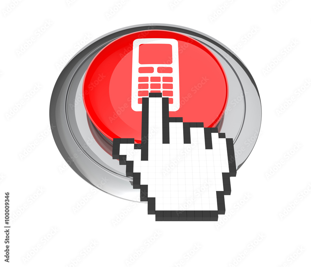 Mouse Hand Cursor on Red Mobil Phone Button. 3D Illustration. Mouse Hand Cursor on Red Mobil Phone Button. 3D Illustration.