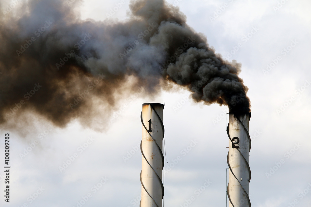 Wall Mural Black smoke emission from industrial chimney stacks