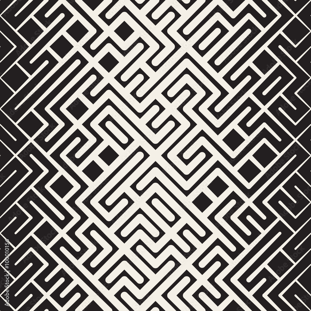 Vector Seamless Black and White Rounded Line Maze Irregular Pattern Halftone Gradient