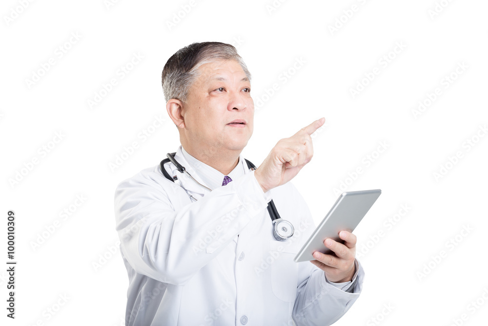 gesture of old man doctor in white with a tablet gesture of old man doctor in white with a tablet