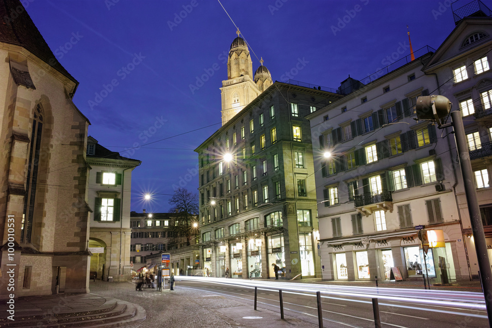Fototapeta premium Street and church of Grossmunster, City of Zurich, Switzerland