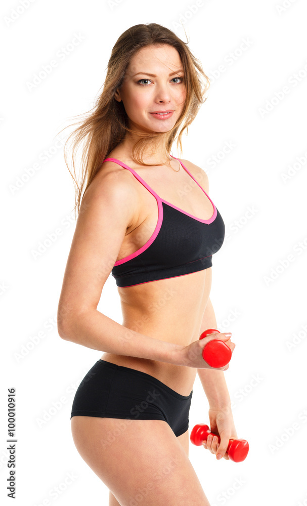 Happy athletic woman with dumbbells doing sport exercise, isolat Happy athletic woman with dumbbells doing sport exercise, isolat