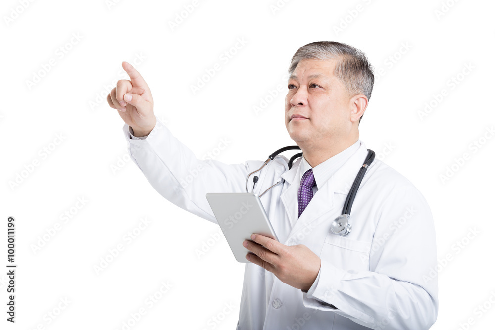 gesture of old man doctor in white with a tablet gesture of old man doctor in white with a tablet