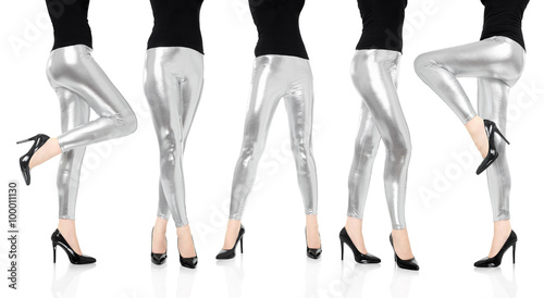 Woman legs with silver leggings trousers dancing collection, clipping path