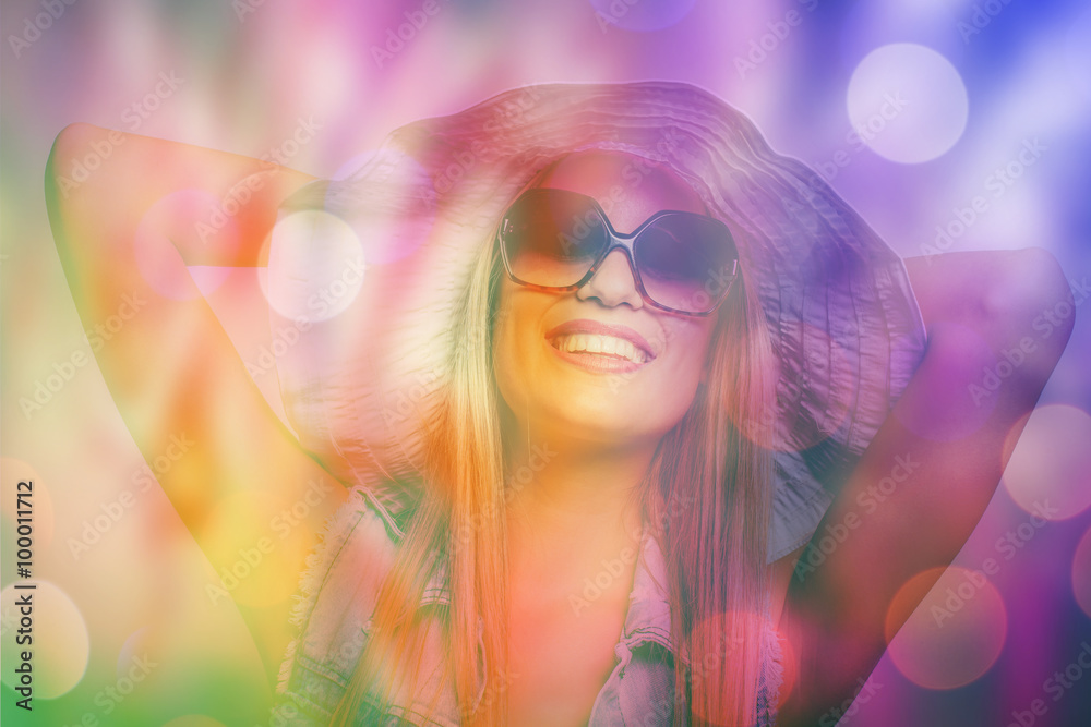 beautiful happy young woman immersed in feminine colors beautiful happy young woman immersed in feminine colors