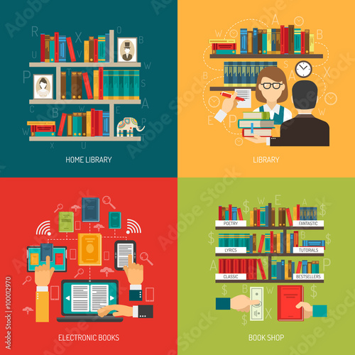 Library Concept 4 Flat Icons Square