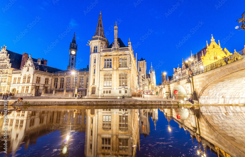 Gent, Belgium. Beautiful medieval night skyline