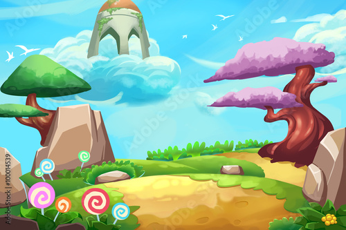 Illustration: Fantastic Forest Cartoon Land. Realistic Fantastic Cartoon Style Artwork Scene, Wallpaper, Game Story Background, Card Design
