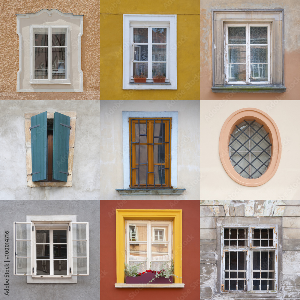 Set of different colored boxes on colored facades..