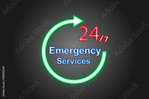 Vector illustration;  Label neon 24/7 emergency services on a black background.