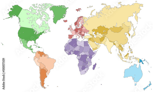 Fototapeta Naklejka Na Ścianę i Meble -  Weltkarte - einzelne Kontinente in Farbe (dunkel)