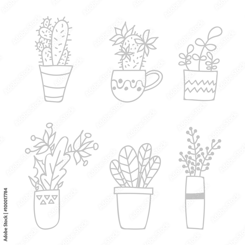 Cute hand drawn houseplants and succulents in pots. Vector set. Doodle ...