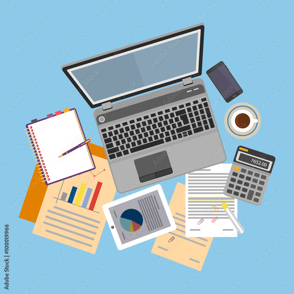 Top view of workplace with documents and laptop. Top view of workplace with documents and laptop.