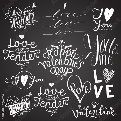 valentines day chalk calligraphy lettering set on black