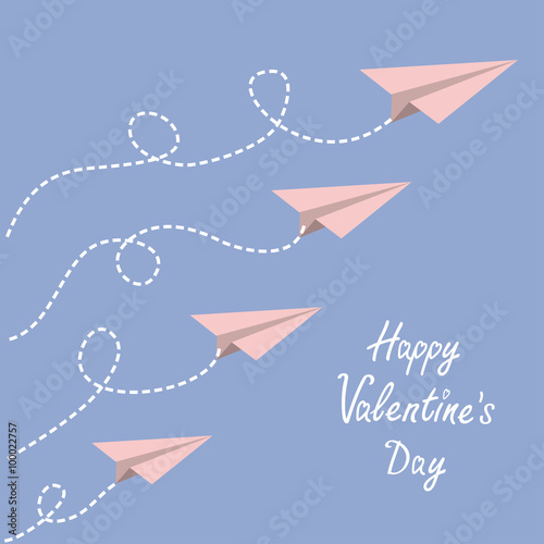 Happy Valentines Day. Love card. Origami paper plane set . Dash line loop in the sky.  Flat design. Serenity, pink rose quartz color.