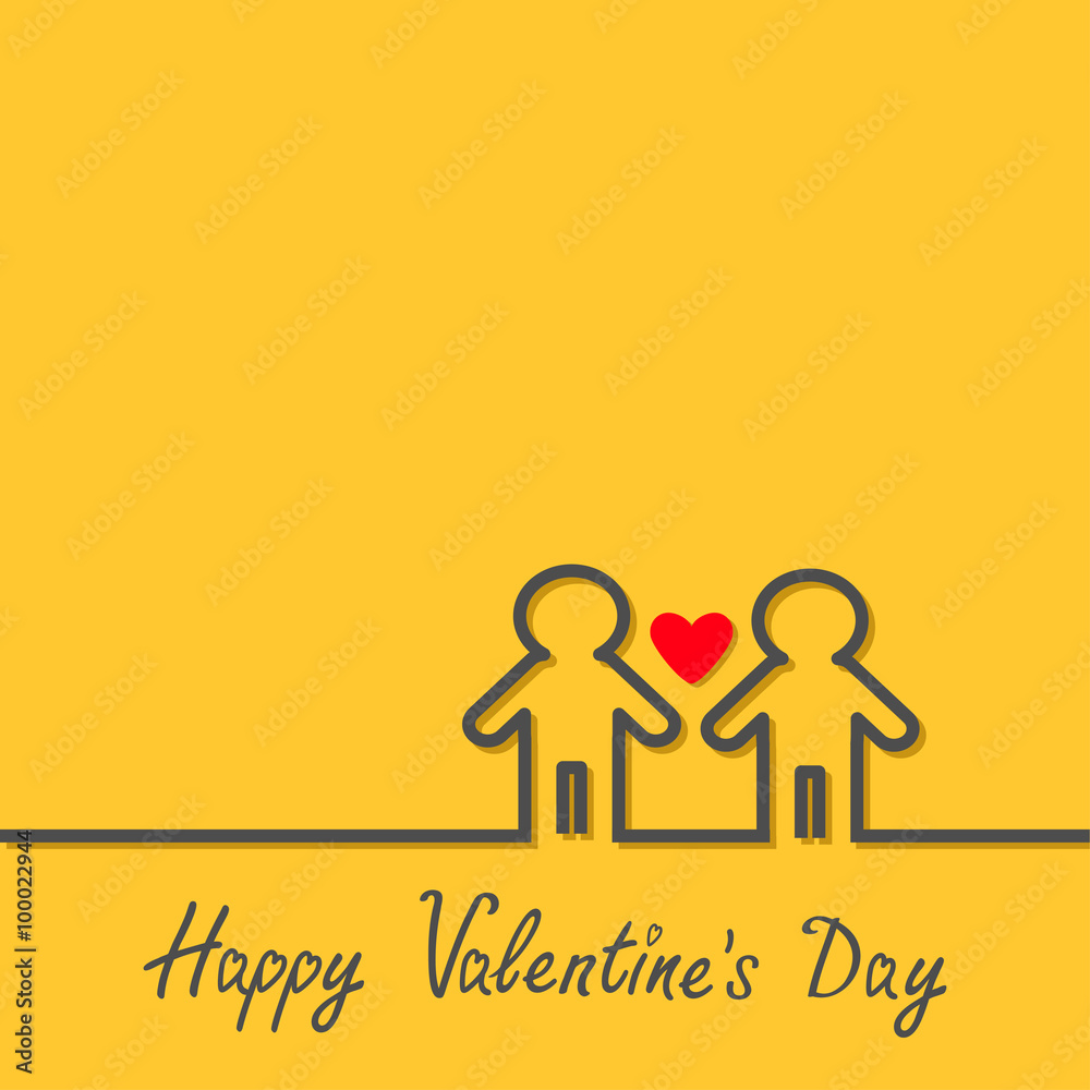 Happy Valentines Day. Love card. Gay marriage Pride symbol Two contour man sign LGBT icon Red heart Flat design