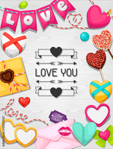 Greeting card with hearts, objects, decorations. Concept can be used for Valentines Day, wedding or love confession message