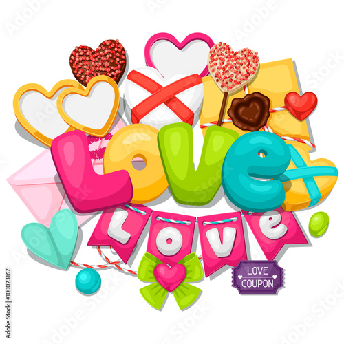 Greeting card with hearts, objects, decorations. Concept can be used for Valentines Day, wedding or love confession message