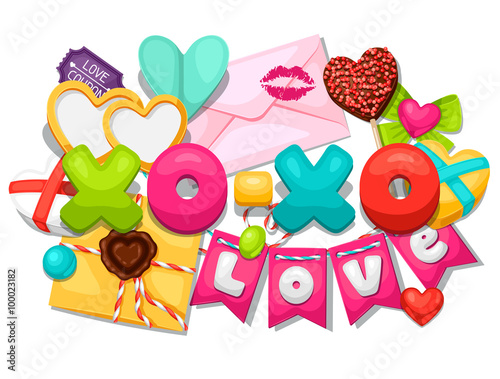 Greeting card with hearts, objects, decorations. Concept can be used for Valentines Day, wedding or love confession message