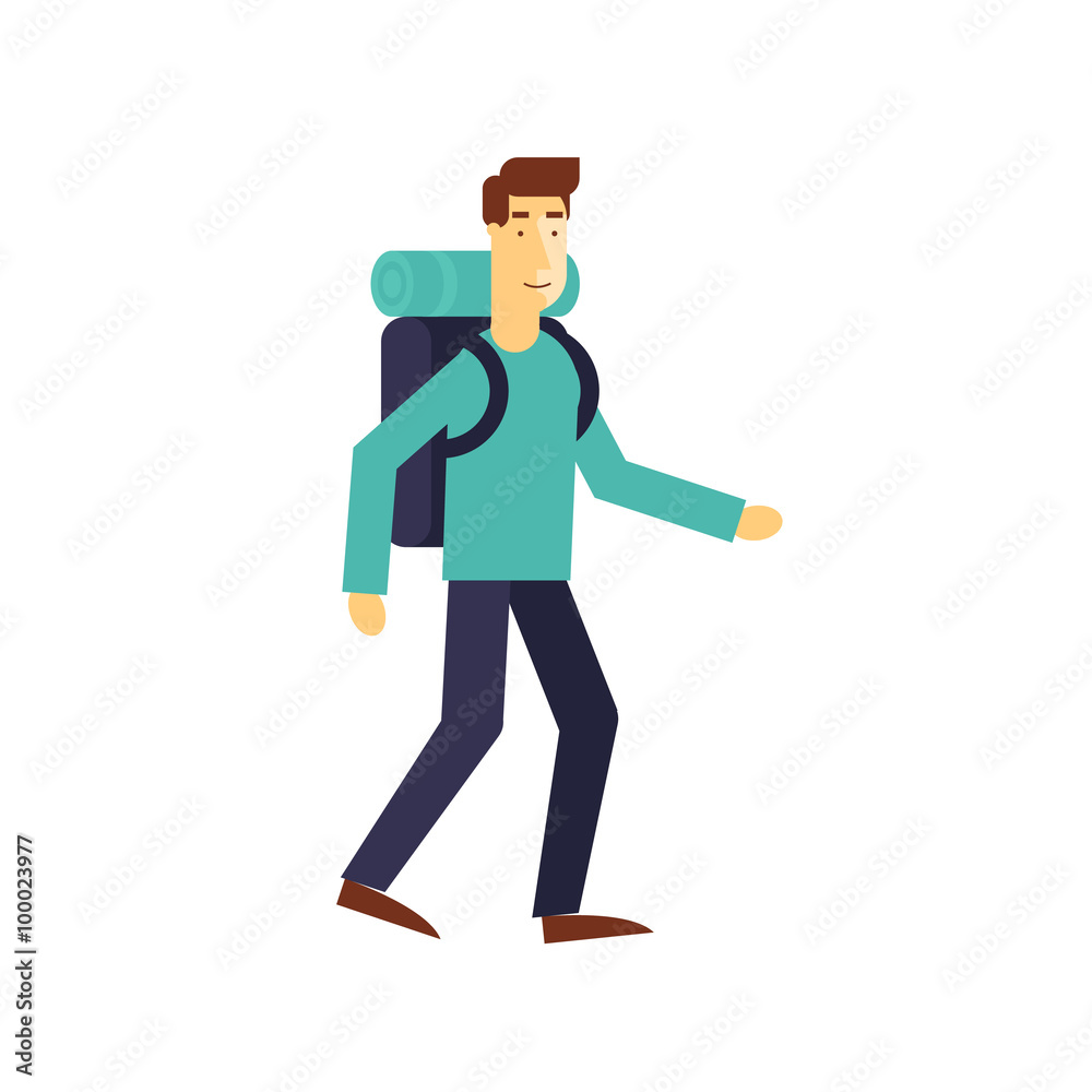Full length of a hiker with backpack isolated on white background. Flat design vector illustration.