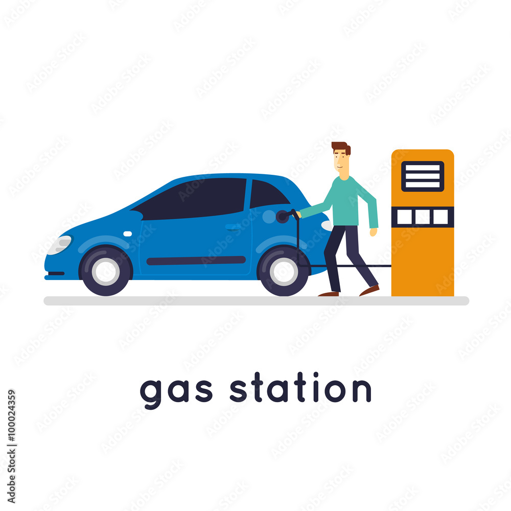 Man refuel the car. Gas station, isolated on white background. Flat design vector illustration.