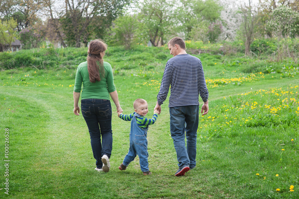 parents are walking with a little boy on a green spring meadow on a footpath