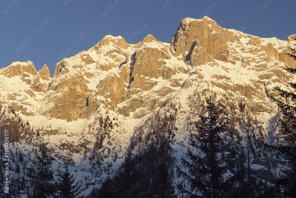 Colorful winter landscape in the mountains, Dolomites, Italy