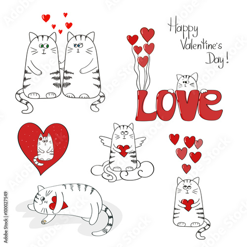 Cute cats in love. Valentines day set. Collection of doodle vector illustrations. 