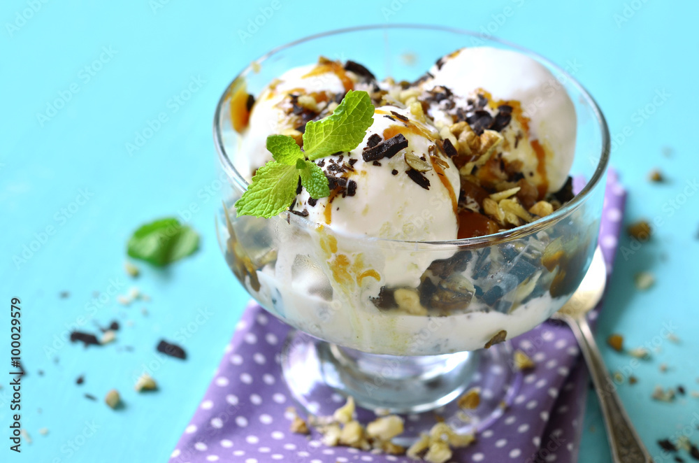 Vanilla ice cream with caramel and walnuts.