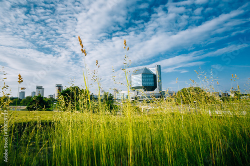 Building Of  National Library Of Belarus In Minsk. Green grass o