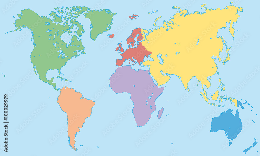 Weltkarte - Kontinente in Farbe