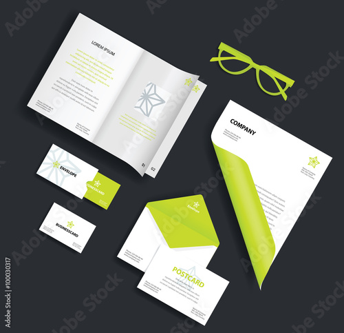 Corporate identity template. Vector company style for brand book and guideline. Envelope, business card, glasses, postcard and blank sheet.
