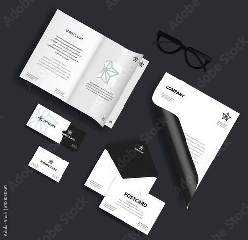 Corporate identity template. Vector company style for brand book and guideline. Envelope, business card, glasses, postcard and blank sheet.
