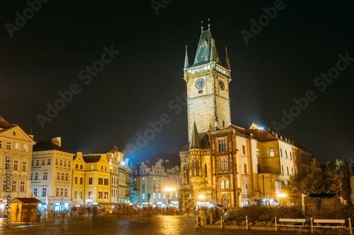 Night view of the Old Town Hall in Prague, Czech Republic
