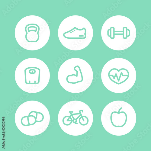 Fitness thick line icons, healthy lifestyle linear icons, training, workout, biceps icon, vector illustration