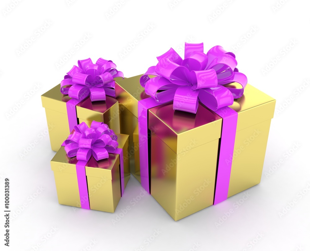 three gift boxes with bows isolated on white three gift boxes with bows isolated on white