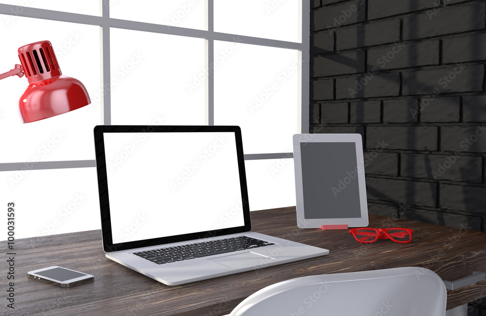 3D illustration laptop and work stuff on table near brick wall, Workspace 3D illustration laptop and work stuff on table near brick wall, Workspace