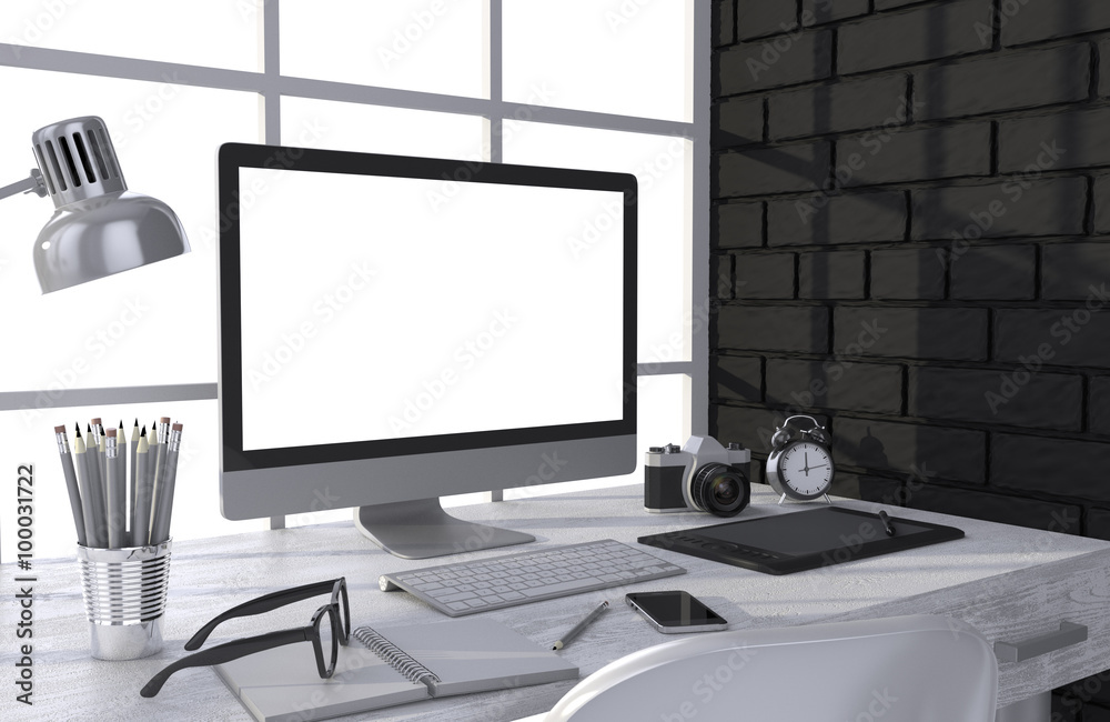 Fototapeta premium 3D illustration PC screen on table in office, Workspace