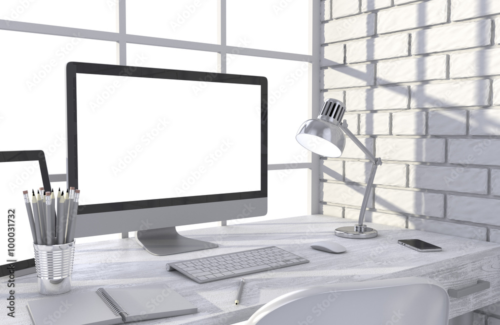 Fototapeta premium 3D illustration PC screen on table in office, Workspace