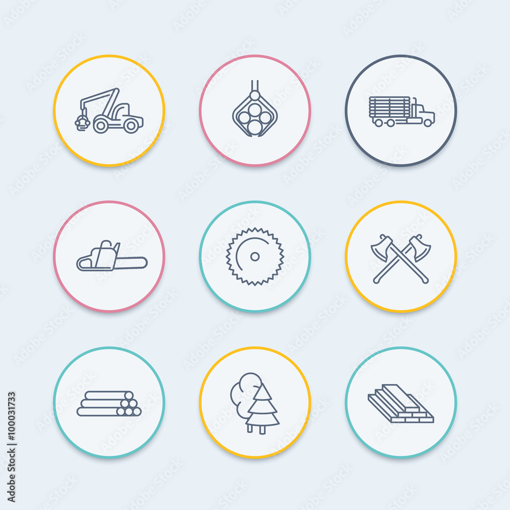 Fototapeta premium Logging, forestry, timber, tree harvester, logging truck thin line round icons, vector illustration